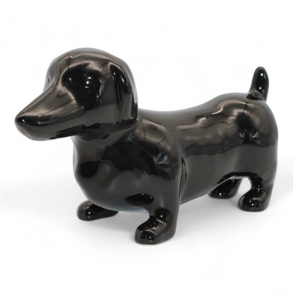 Black Ceramic Dachshund Figurine With Chip On Tail Glossy Finish 6" Long Dog Dec - Picture 1 of 10
